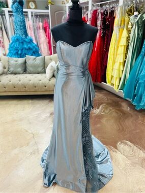 Morrell Maxie Strapless Silver Sweetheart Gown with Side Drape